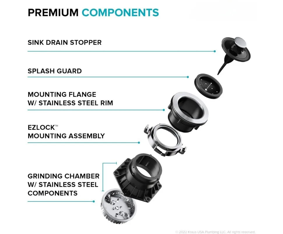 1 KM ciągły utylizator odpadów z bardzo cichym silnikiem do zlewów kuchennych z przewodem zasilającym i kołnierzem w zestawie, czarny
