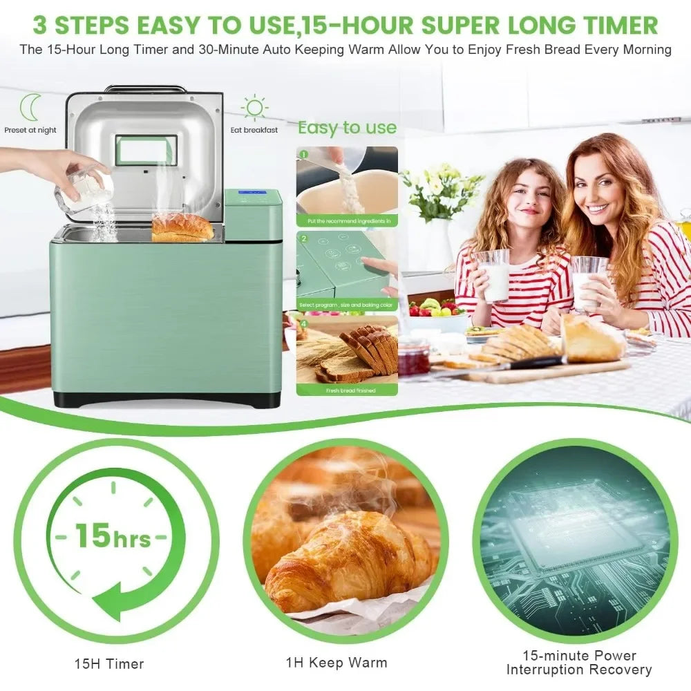 Duży wypiekacz do chleba 2,2 funta – dwa podgrzewacze, 17 w 1, wypiekacz do chleba bezglutenowego, ciasto na pizzę, dżem, automatyczny dozownik orzechów