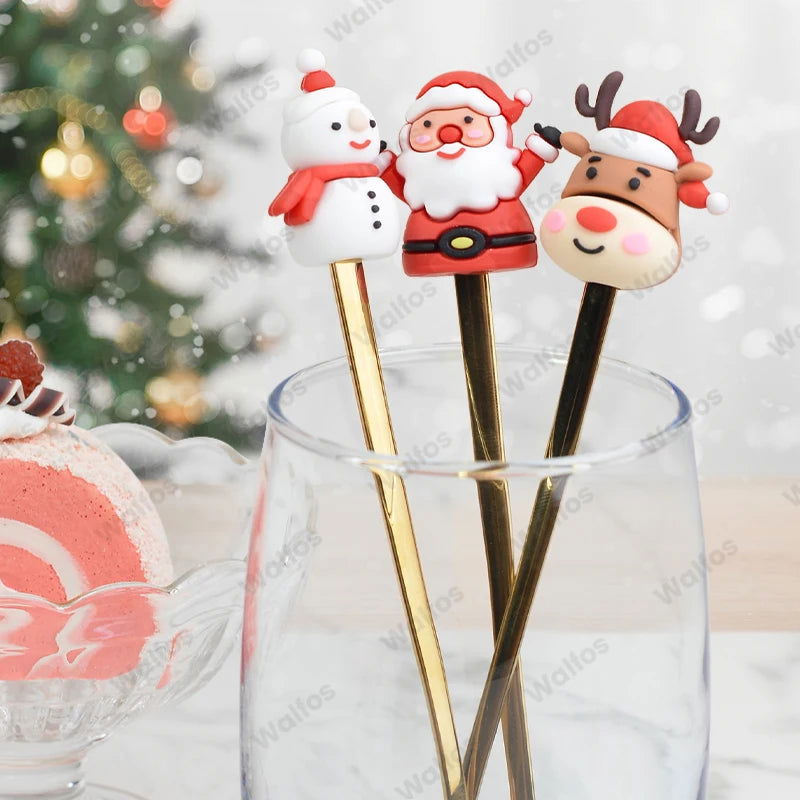 WALFOS 6PCS Christmas Gift Glod Spoon Fork Set Elk Christmas Tree Decoration Dessert Scoop Fruit Fork Coffee Spoon Cutlery Set - Walfos® Kitchenware