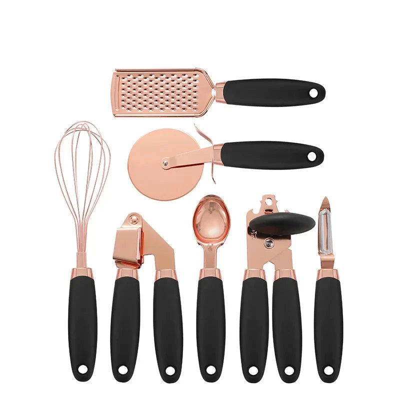 Walfos 7 Pcs Kitchen Gadget Set Copper Coated Stainless Steel Utensils with Soft Touch Rose Gold Garlic Press Pizza Cutter - Walfos® Kitchenware