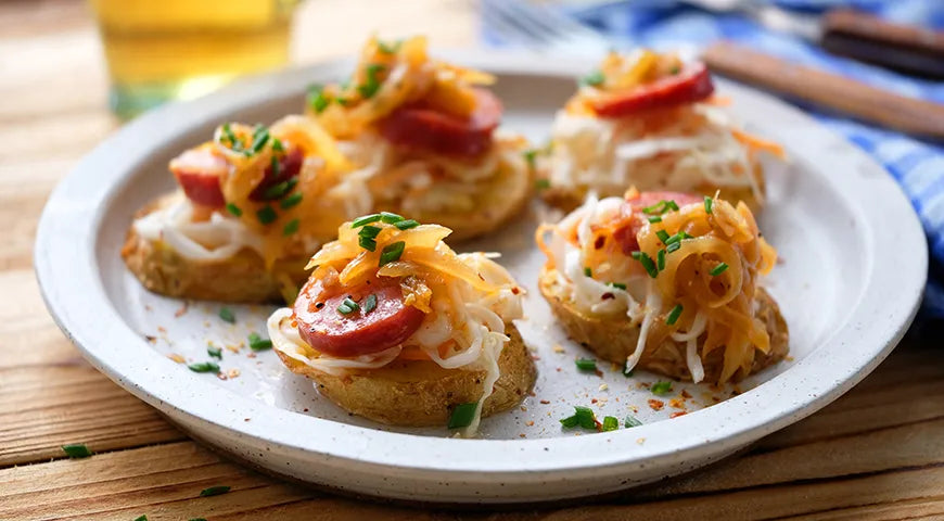 Baked Potato Bruschetta with Grilled Sausages and Sauerkraut - Walfosbrand.com