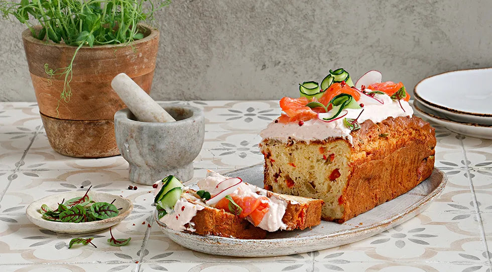 Spicy Olive and Sweet Pepper Cake with Salmon Mousse Topping - Walfosbrand.com