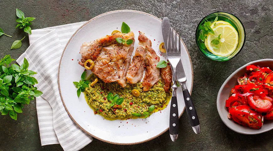 Pan-Seared Pork Chops with Olive and Basil Sauce - Walfosbrand.com