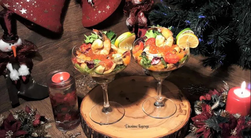 Christmas Seafood Salad with Red Caviar (Рождественский салат из морепродуктов с красной икрой) - Walfosbrand.com