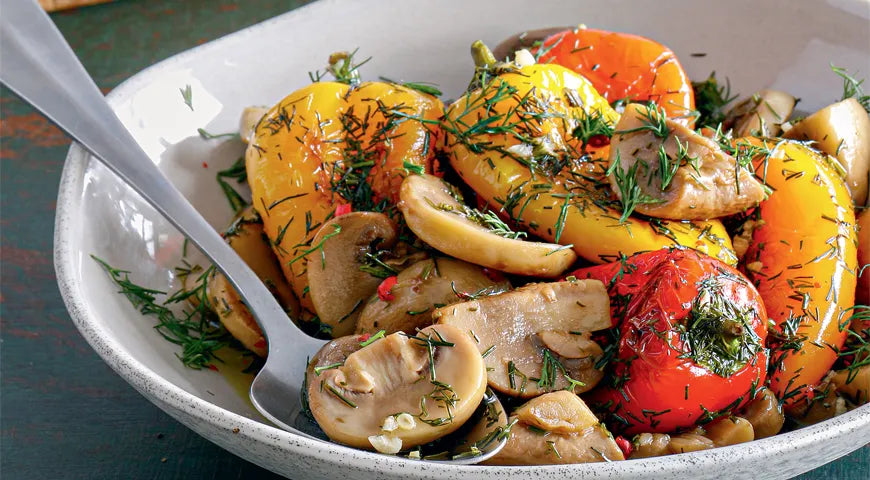 Marinated Mushrooms with Dill and Mini Peppers - Walfosbrand.com