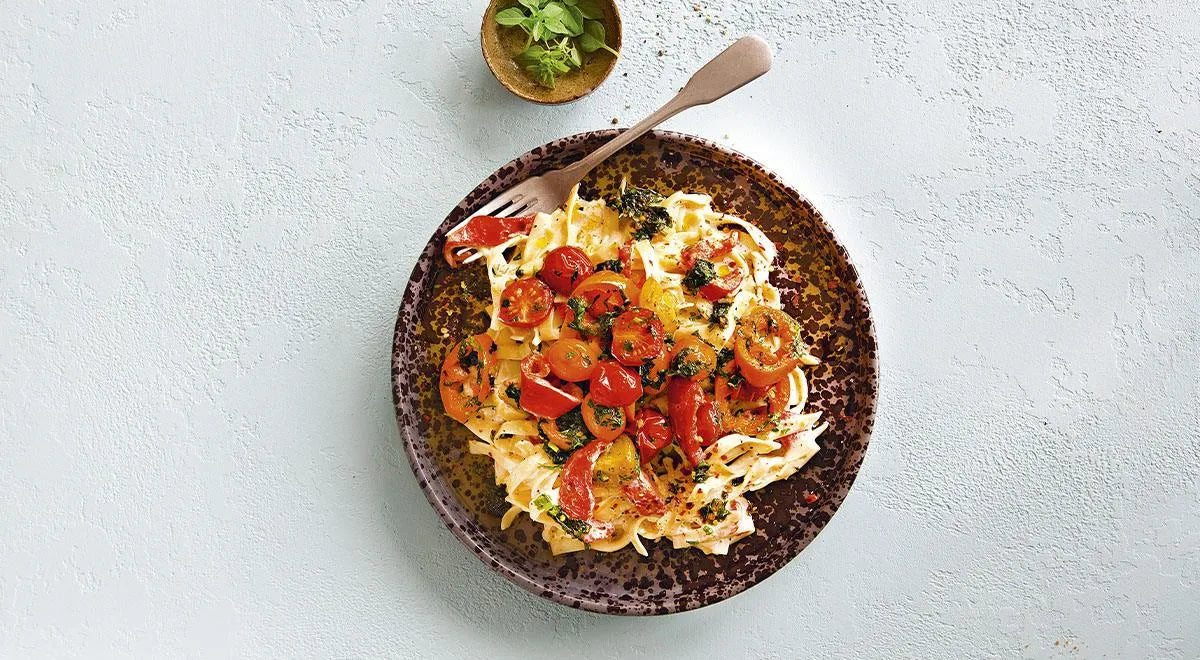 Pasta with Roasted Vegetables and Creamy Cheese Sauce - Walfosbrand.com