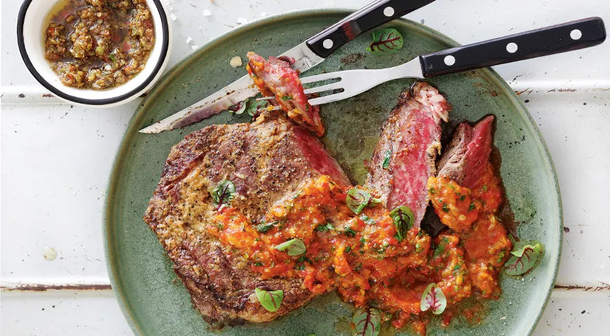Grilled Beef Steak with Smoked Paprika Butter and Roasted Pepper Sauce - Walfosbrand.com