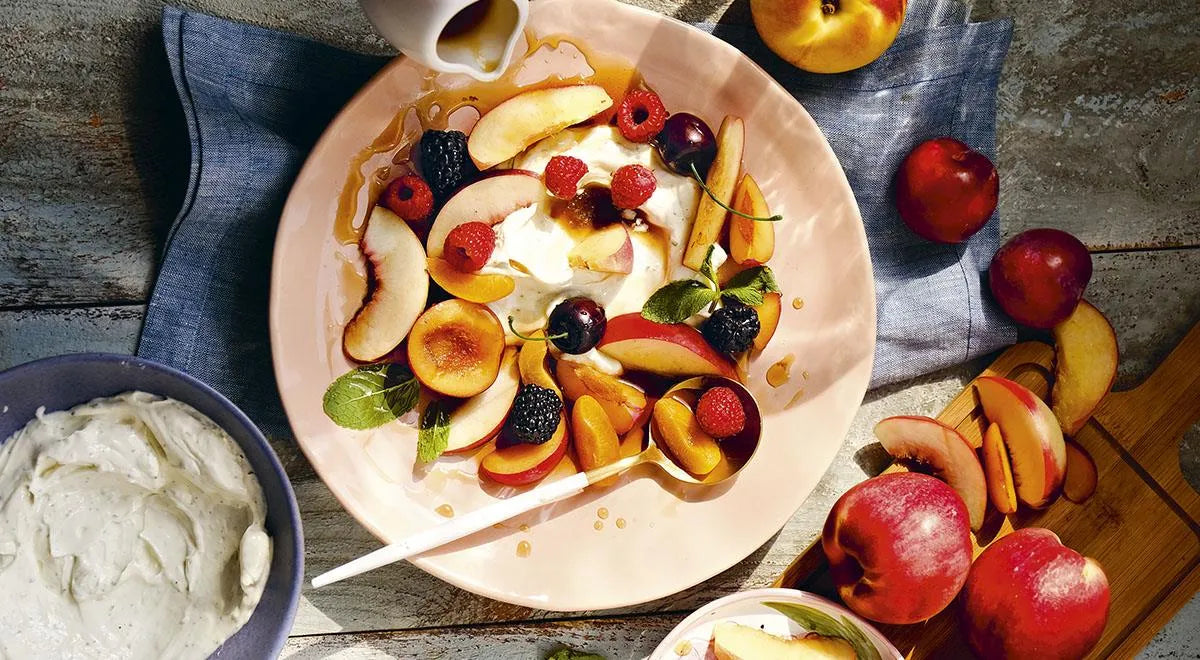 Seasonal Fruit Assortment with Mint Cream and Honey - Walfosbrand.com