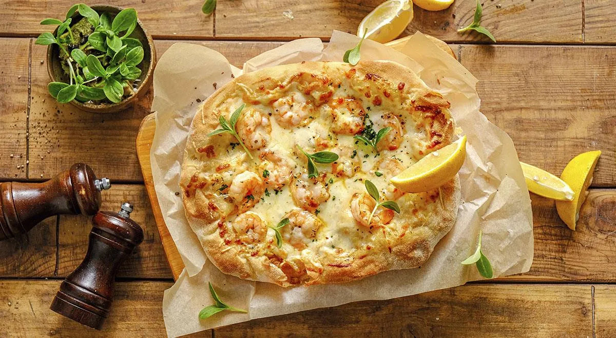 Garlic Shrimp Pizza (Pizza with Shrimp, Cream, Cheese, Garlic, and Herbs) - Walfosbrand.com