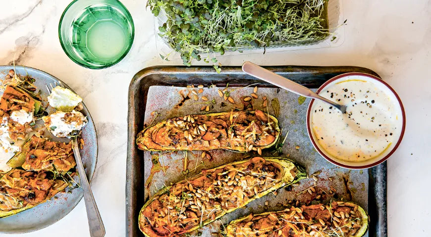 Stuffed Zucchini with Mushrooms and Garlic Yogurt - Walfosbrand.com
