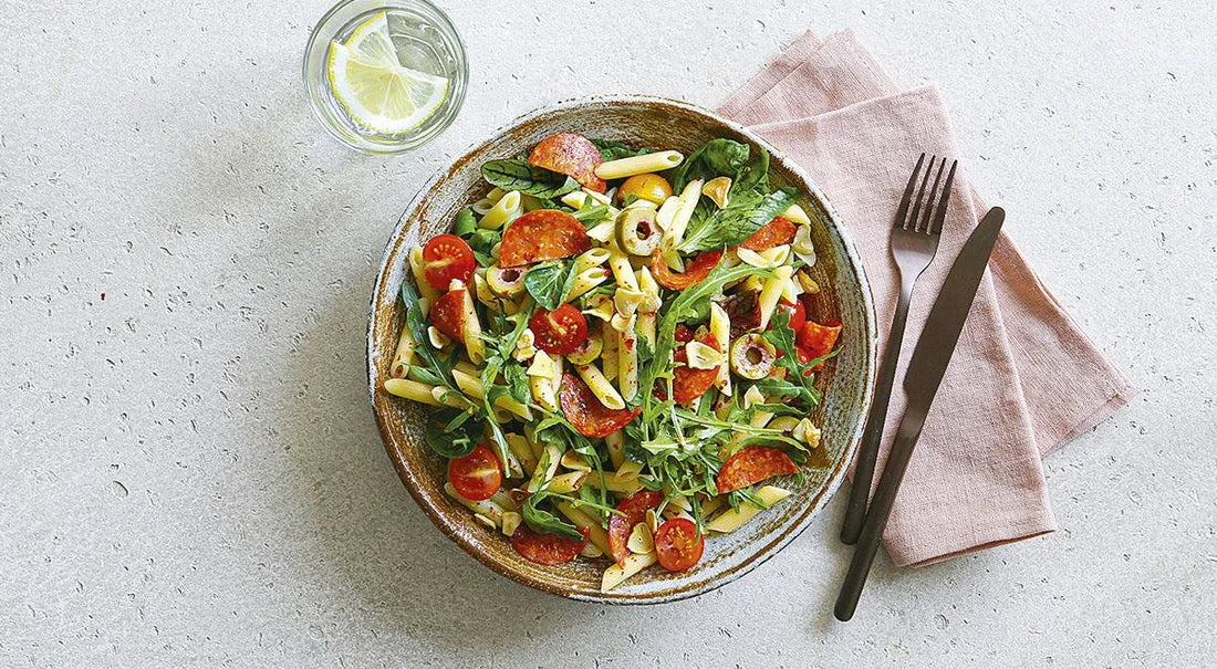 Salami Salad with Roasted Cherry Tomatoes and Spicy Ajika Dressing - Walfosbrand.com