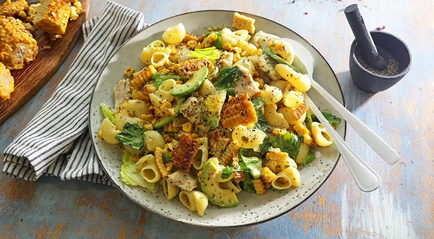 Pesto Chicken Pasta Salad with Roasted Corn and Avocado - Walfosbrand.com