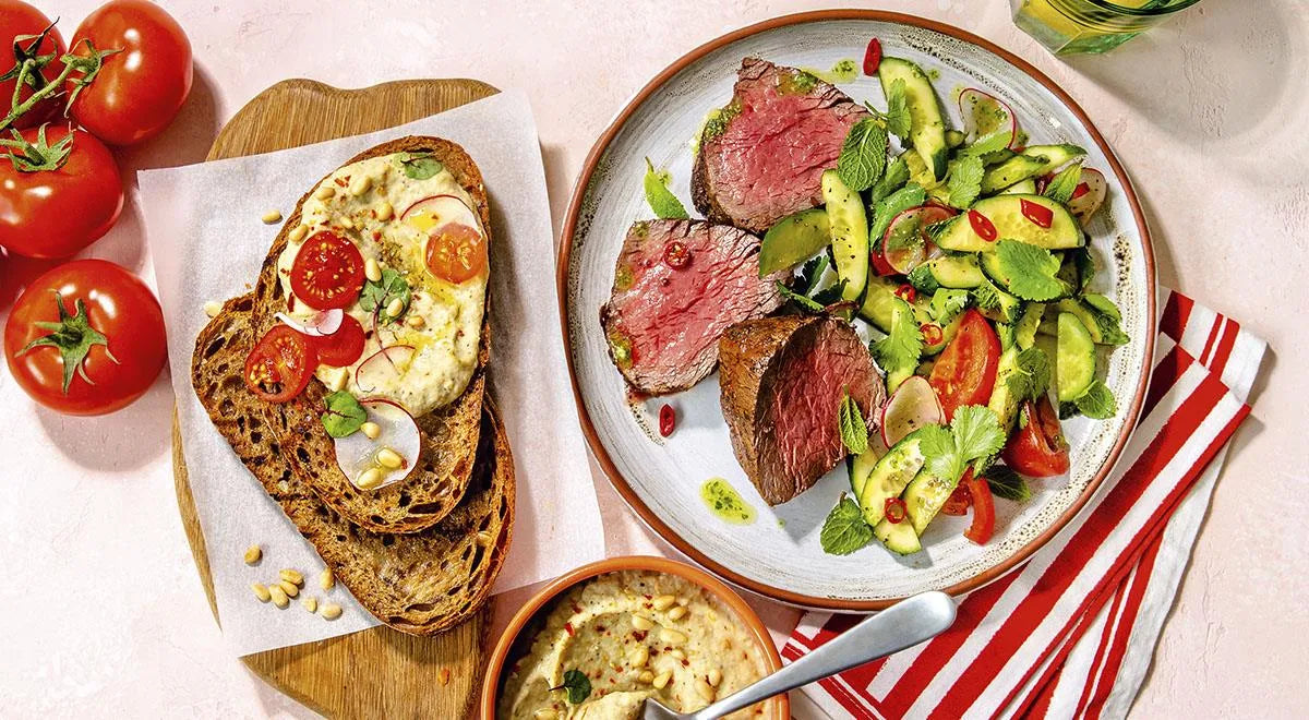 Beef Tenderloin Steak with Summer Salad and Eggplant Spread Sandwiches - Walfosbrand.com