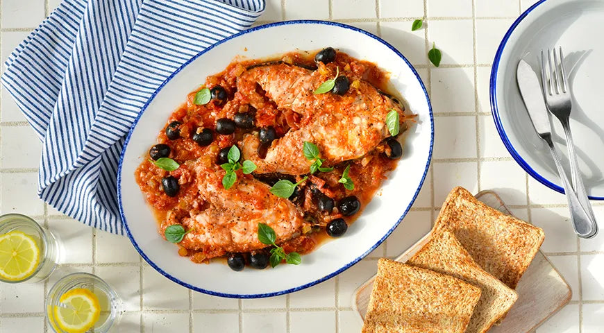White Fish in a Rich Tomato Sauce with Black Olives - Walfosbrand.com