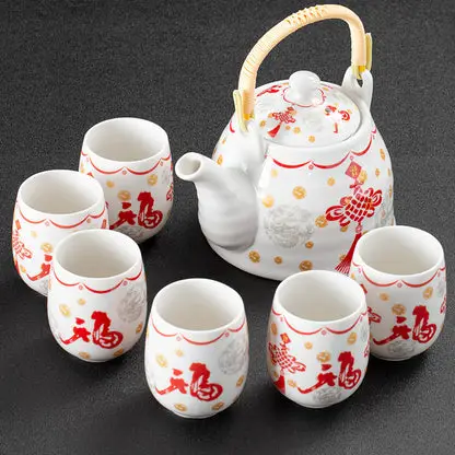 White Porcelain Large Tea Set With Strainer, Japanese Style Handle Pot, One Pot And Six Cups