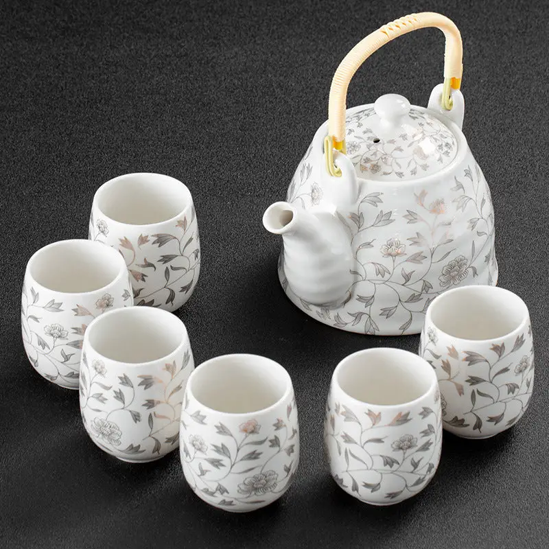 White Porcelain Large Tea Set With Strainer, Japanese Style Handle Pot, One Pot And Six Cups