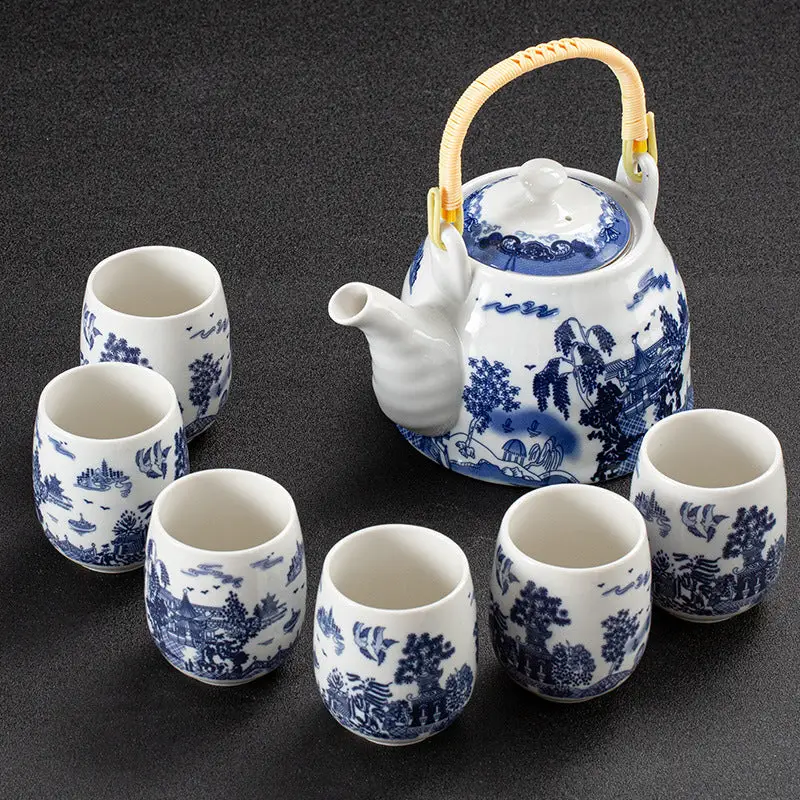 White Porcelain Large Tea Set With Strainer, Japanese Style Handle Pot, One Pot And Six Cups