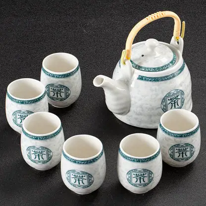 White Porcelain Large Tea Set With Strainer, Japanese Style Handle Pot, One Pot And Six Cups