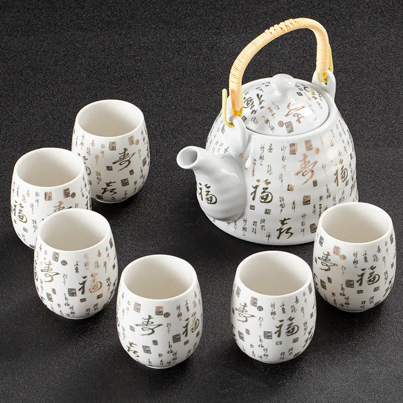 White Porcelain Large Tea Set With Strainer, Japanese Style Handle Pot, One Pot And Six Cups