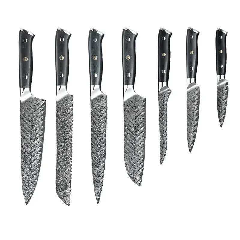 Damascus kitchen knife fish bone pattern set