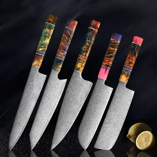 5 Pcs Damascus Knife Set Stainless Steel with Wooden Handle