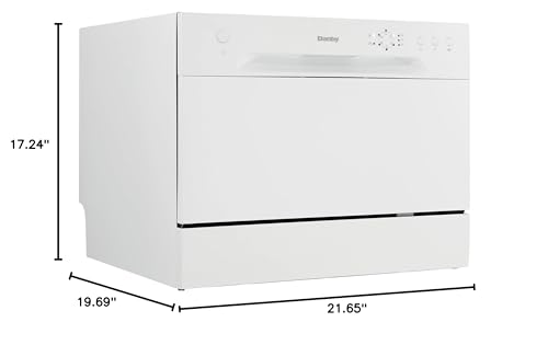 Настільна посудомийна машина Danby DDW621WDB з 6 комплектами посуду, 6 циклами миття та кошиком для столових приборів, рейтингом Energy Star, низьким споживанням води та тихою роботою, білого кольору