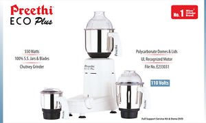 Preethi Eco Plus Mixer Grinder 110-Volt for use in USA/Canada, white, 3-jar