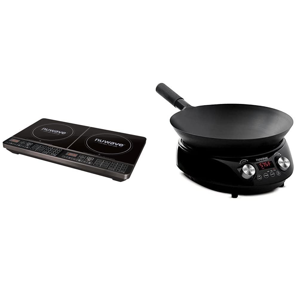 Nuwave PIC Double, Portable, Powerful 1800W with 2 Large 8” Heating Coils, Independent Controls & Mosaic Induction Wok, Precise Temp Controls from 100°F to 575°F in 5°F, Wok Hei