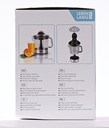 LEBENLANG – Electric juicer max juice yield | Citrus juicer + 2 cones 40W | Lemon, lime, orange, fresh fruit squeezer machine | Automatic lever press extractor | exprimidor de naranjas electrico