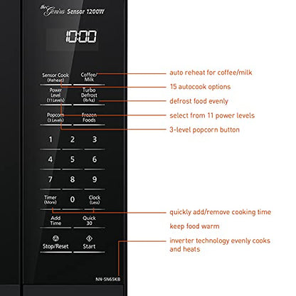 Panasonic NN-SN65KB Microwave Oven with Inverter Technology 1200W, 1.2 cu.ft. Small Genius Sensor One-Touch Cooking, Popcorn Button, Turbo Defrost-NN-SN65KB (Black)