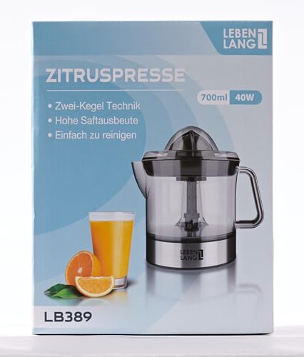 LEBENLANG – Electric juicer max juice yield | Citrus juicer + 2 cones 40W | Lemon, lime, orange, fresh fruit squeezer machine | Automatic lever press extractor | exprimidor de naranjas electrico