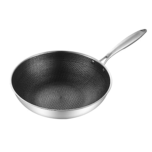 Nonstick Wok Pan with Lid,Stainless Steel Wok,Double Sided Honeycomb 3 Layer Prevent Sticking Fry Pan,Cooking Wok Skillet,Compatible with Induction,Gas,Electric Stoves(34cm (no lid with ears)), s
