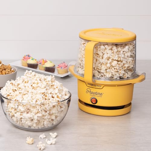 Presto 05206 Showtime Gourmet Oil Popcorn Popper - 9 filiżanek, wbudowana miska do serwowania, kompaktowa konstrukcja, ceramiczna powłoka zapobiegająca przywieraniu, bez PFAS, żółty