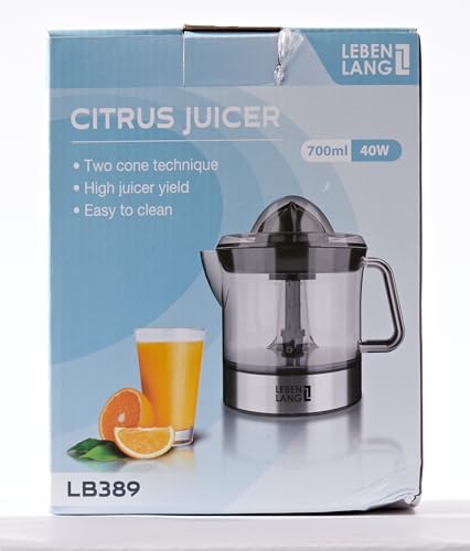 LEBENLANG – Electric juicer max juice yield | Citrus juicer + 2 cones 40W | Lemon, lime, orange, fresh fruit squeezer machine | Automatic lever press extractor | exprimidor de naranjas electrico