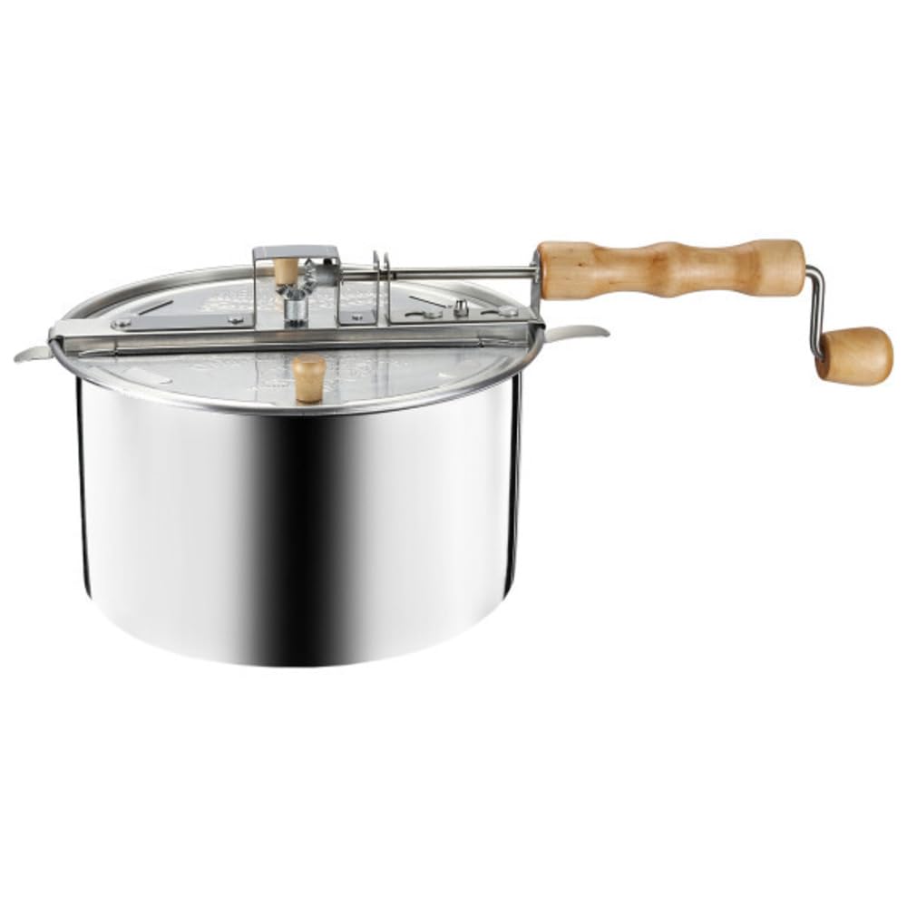 Maszyna do popcornu na kuchence - 6-kwartowa aluminiowa maszynka do popcornu z korbą ręczną, pokrywką z otworem wentylacyjnym i mieszadłem firmy Great Northern Popcorn (srebrna)