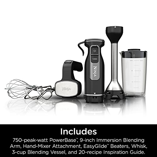 Mikser ręczny Ninja, blender ręczny, system miksera Foodi Power Mixer, 750-watowy szczytowy ręczny blender do emulsji i elektryczny mikser ręczny Combo z trzepaczką, ubijaczkami i 3-filiżankowym pojemnikiem do mieszania, 120 woltów, czarny CI101