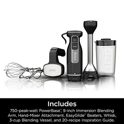 Ninja Hand Mixer, Immersion Blender, Foodi Power Mixer System, 750-Peak-Watt Handheld Emulsion Blender & Electric Hand Mixer Combo With Whisk, Beaters & 3-Cup Blending Vessel,120 volts, Black CI101