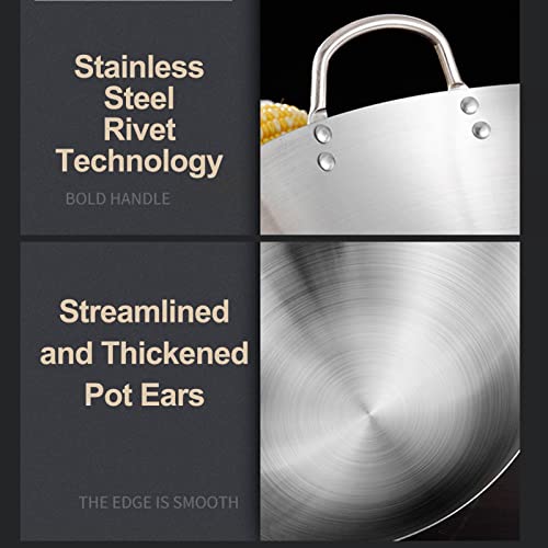 Large Stainless Steel Wok - Uncoated Chinese Non-Stick Wok & Stir-Fry Pans, Thickened Round Bottom Double Ear Wok for All Stoves,40cm ()