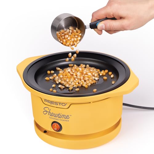 Presto 05206 Showtime Gourmet Oil Popcorn Popper - 9 filiżanek, wbudowana miska do serwowania, kompaktowa konstrukcja, ceramiczna powłoka zapobiegająca przywieraniu, bez PFAS, żółty