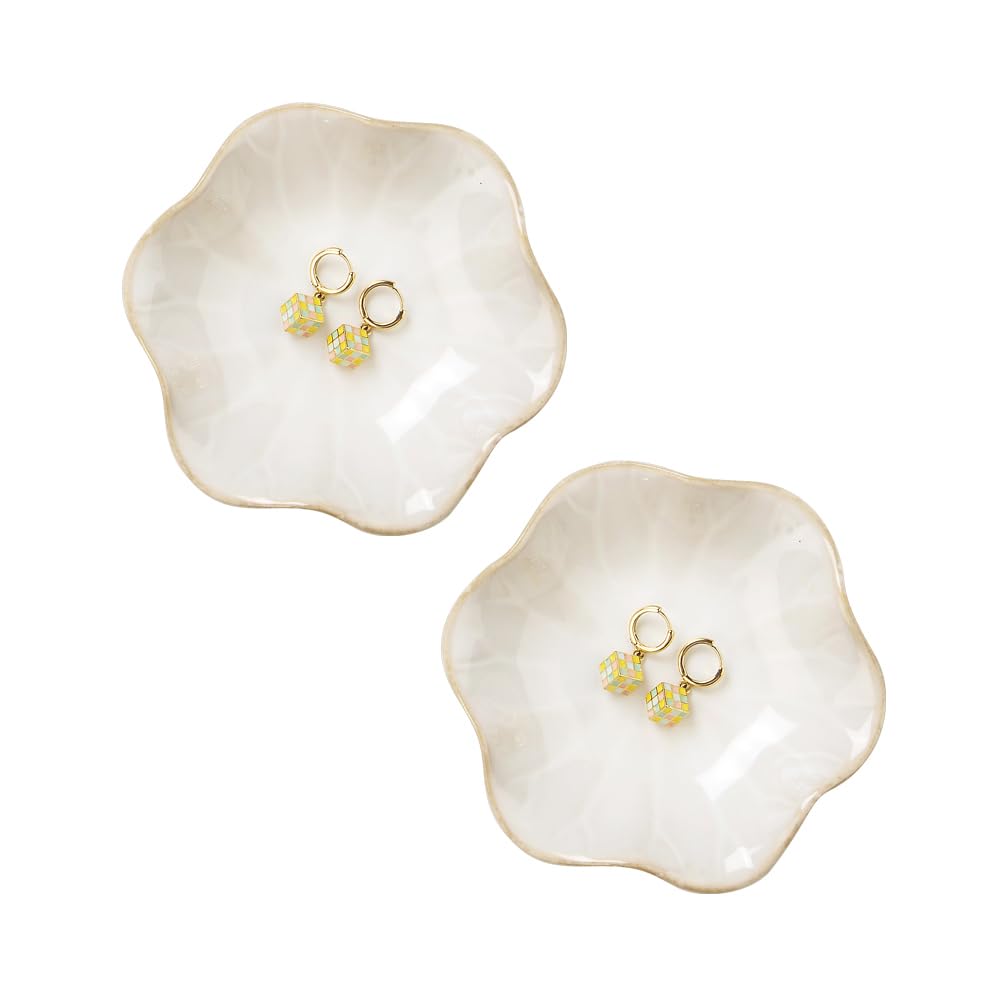 Lotus Leaf Shape Ring Holder Dish, Small Key Bowl, Ceramic Trinket Tray Jewelry Dish Organizing Necklace Earrings for Mom Friend Sister, White. All Jewelries Are NOT Included.