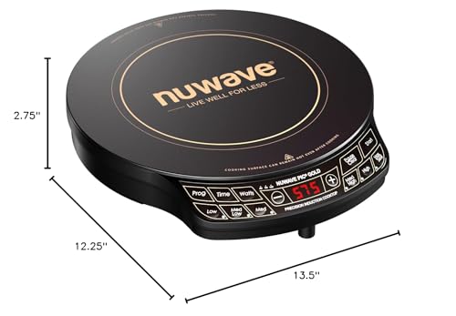 Індукційна варильна поверхня Nuwave Precision золотого кольору, ударостійка склокерамічна поверхня 12 дюймів, велика нагрівальна спіраль 8 дюймів, портативна, 51 режим температури від 100°F до 575°F, 3 режими потужності: 600, 900 та 1500 Вт