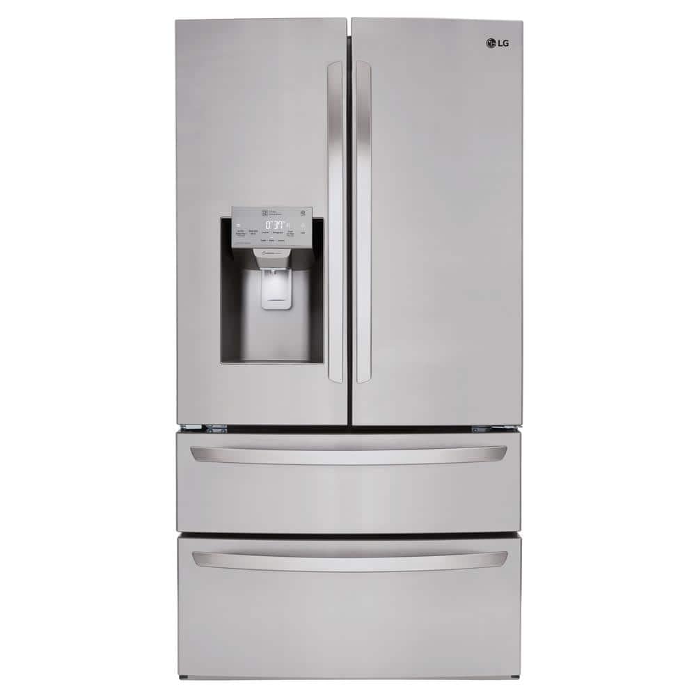 Lodówka LG 28 cu.ft. Smart Wi-Fi z drzwiami francuskimi — 27,80 ft³ — 2 szuflady zamrażarki — 18,60 ft³ pojemności netto lodówki — 9,20 ft³ pojemności netto zamrażarki — 724 kWh rocznie — gładka — LED