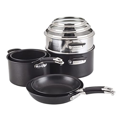 Anolon SmartStack Hard Anodized Nonstick Induction Nesting Cookware/Pots and Pans Set, Dishwasher Safe, 9 Piece - Black