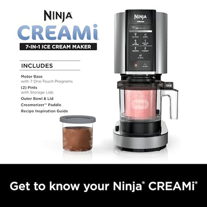 Ninja NC301 CREAMi Ice Cream Maker, for Gelato, Mix-ins, Milkshakes, Sorbet, Smoothie Bowls & More, 7 One-Touch Programs, with (2) Pint Containers & Lids, Compact Size, Perfect for Kids, Silver