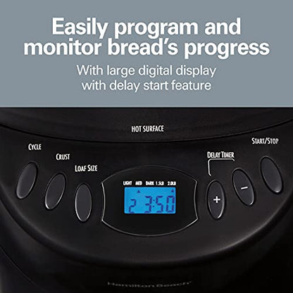 Hamilton Beach Bread Maker Machine, Digital, Programmable, 12 Settings + Gluten Free, Dishwasher Safe Pan + Kneading Paddle, 2 lb Capacity, Black (29882)