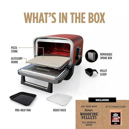 Ninja Woodfire Outdoor Pizza Oven, 8-in-1 Portable Electric Roaster Oven, Heats up to 700°F, 5 Artisan Pizza Settings, Integrated BBQ Smoker Box, Includes Flavored Wood Pellets, Red (Renewed)