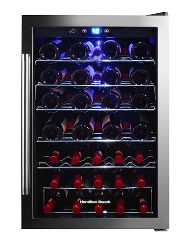 Hamilton Beach HBWF4303, 43-Bottle Wine Cooler Fridge Cellar with Curved Wire Shelves, Digital Control, Mirror Finish