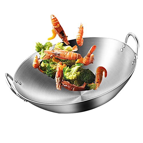 Large Stainless Steel Wok - Uncoated Chinese Non-Stick Wok & Stir-Fry Pans, Thickened Round Bottom Double Ear Wok for All Stoves,40cm ()