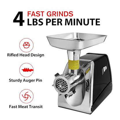 Valley Sportsman #8 Electric Meat Grinder and Sausage Maker, 1/2HP 575W Max, Meat Mincer Machine with Stainless Steel Blade & 3 Grinding Plates, Sausage Stuffer Tube for Home Kitchen Use, Black