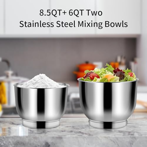 Aifeel Stand Mixer, 8.5QT+ 6QT Two Stainless Steel Bowls Electric Food Mixer, 7 in 1 Multifunctional Kitchen Mixer with Dough Hook, Whisk, Beater, Meat Grinder,Pasta & Cookie Maker-Silver